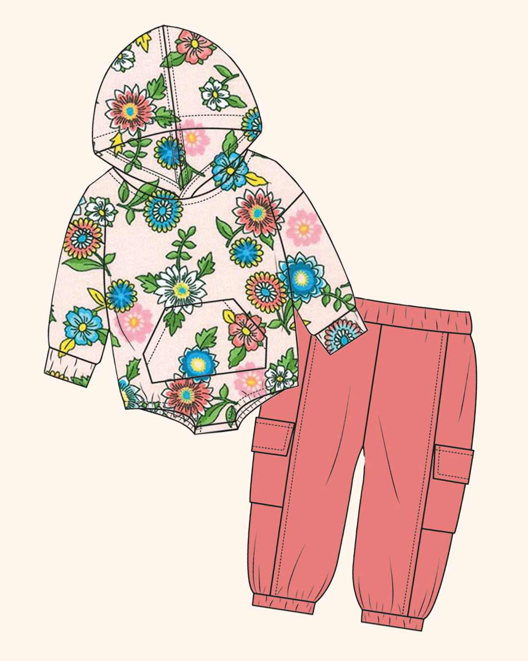 Floral hoodie and pink cargo pants outfit illustration.