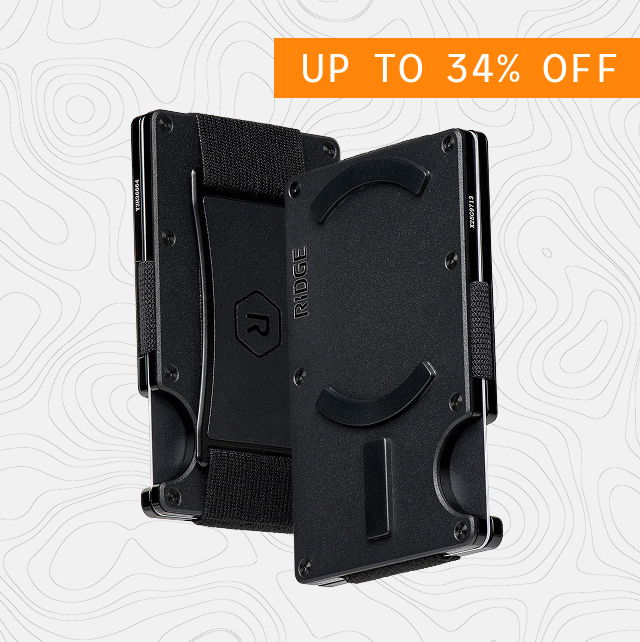 Black wallet with a discount label indicating up to 34% off.