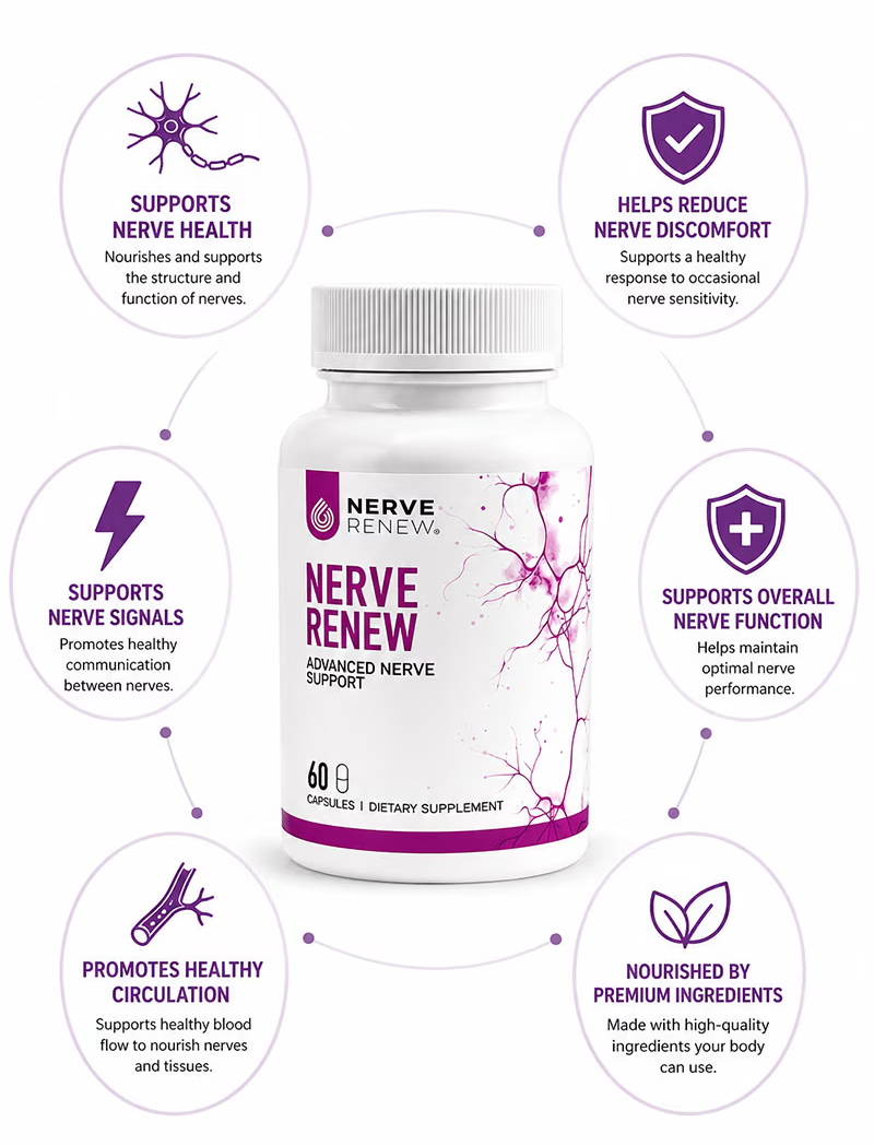 Bottle of Nerve Renew with benefits listed around it.
