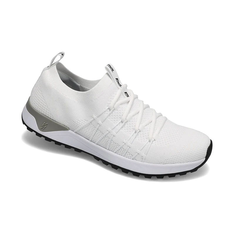 White athletic shoes with a sleek design and elastic laces.