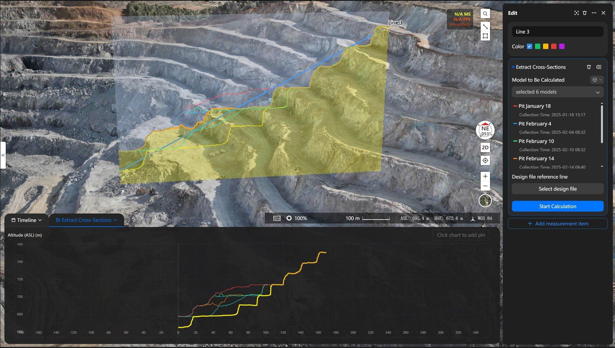 DJI FlightHub 2 mine model showing cross-section comparison of pit terrain across multiple survey dates