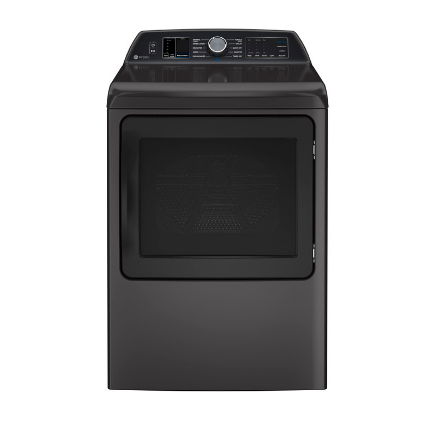 Front view of a black dryer with control panel.