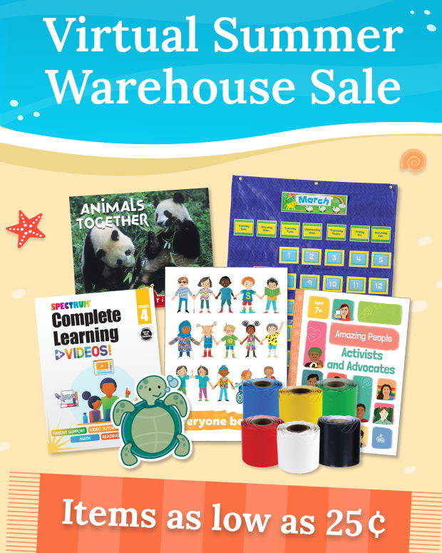 Virtual Summer Warehouse Sale with various educational items and prices starting at 25 cents.
