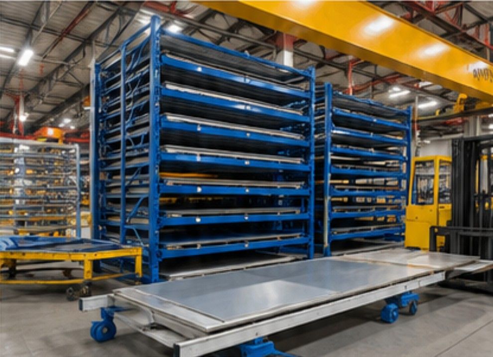 Warehouse shelves and equipment in a manufacturing facility.