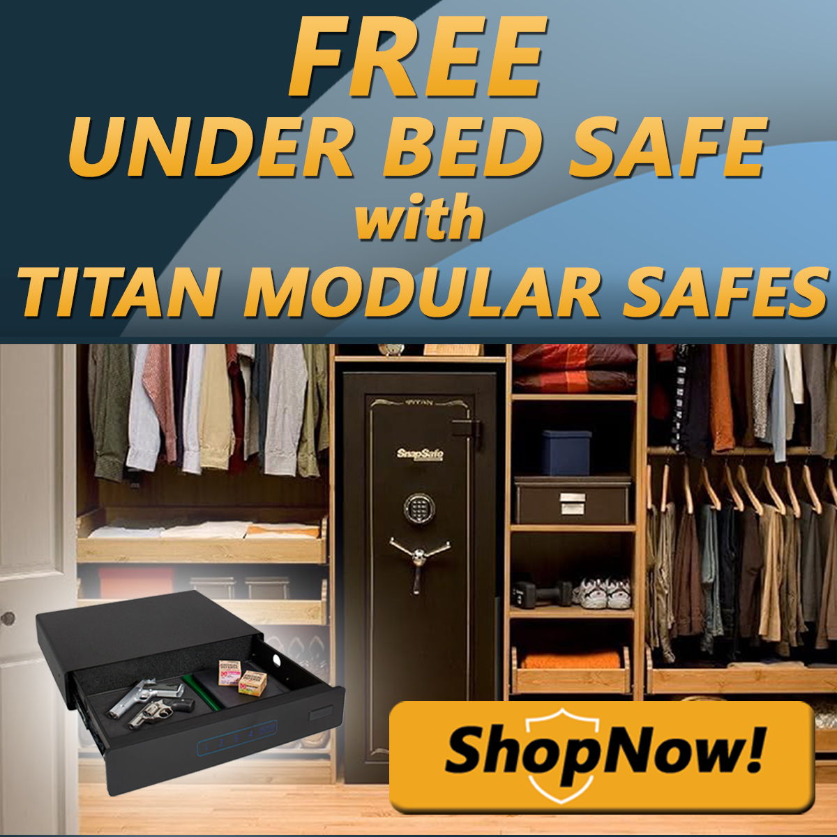 Promotional banner for a free SnapSafe 75402 under bed safe with every Titan modular gun safe order placed in May, 2026.