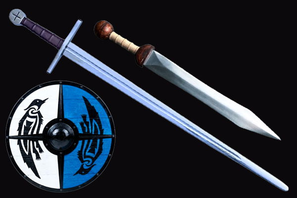 A sword and shield with a blue and black design.