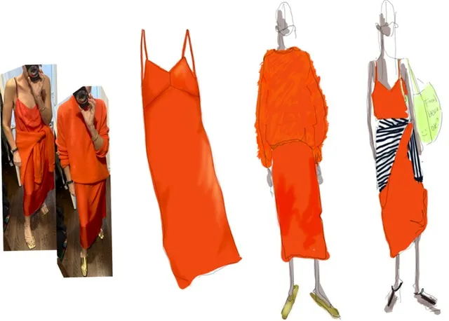 Four orange dresses in various styles and designs.