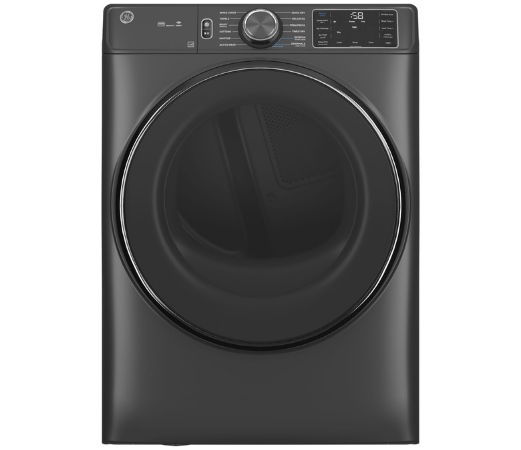 Front view of a black washing machine with control panel.