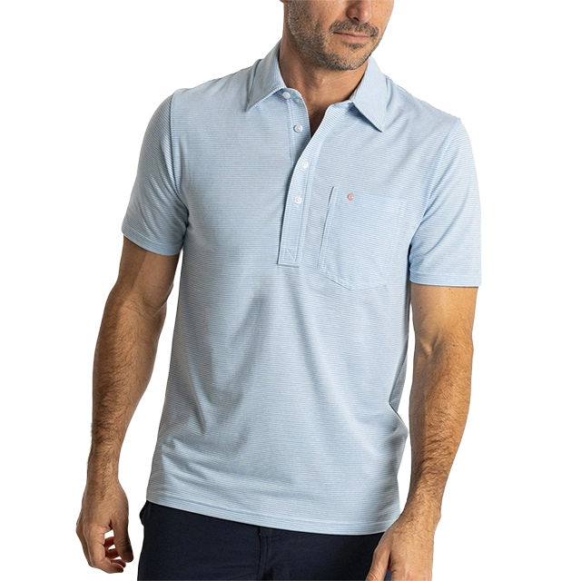Man wearing a light blue polo shirt with a pocket.