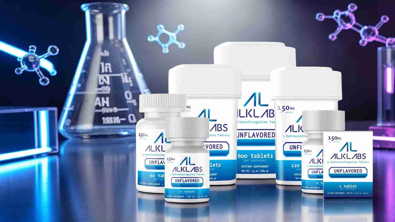 Bottles of supplements displayed with laboratory equipment and molecular structures in background.