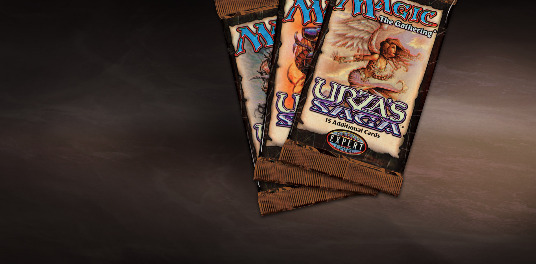 mtg card set list - urzas saga - Three packets of flavored cigars on a dark background.