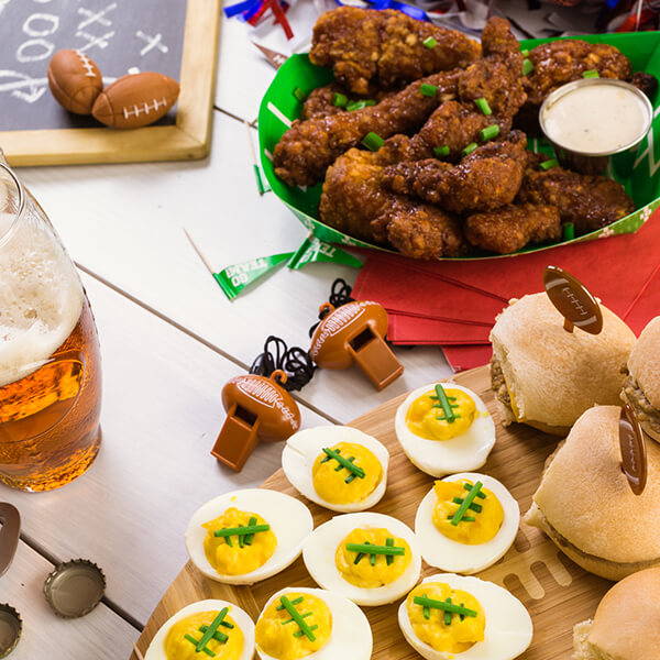 High Quality Organics Express deviled eggs, with wings and sliders