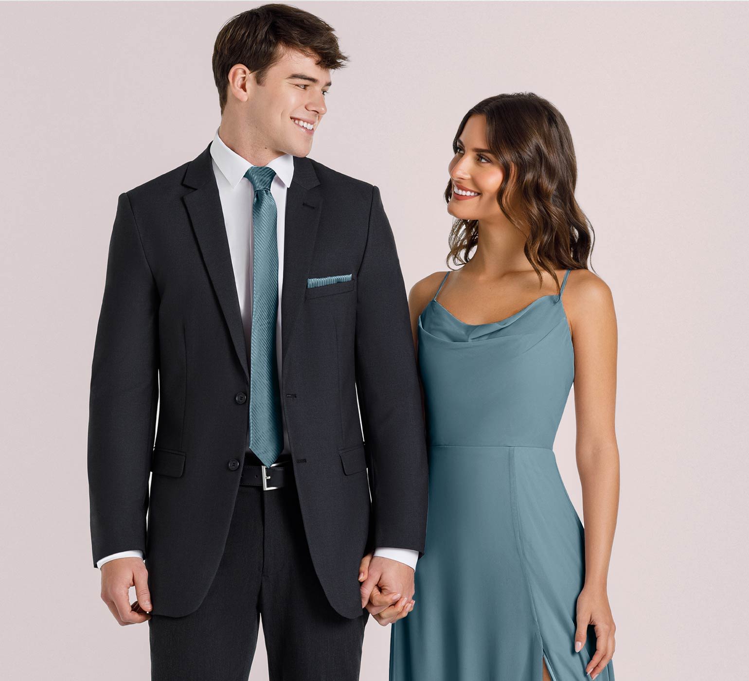 Charcoal Suit with Slate Blue Bridesmaid Dress