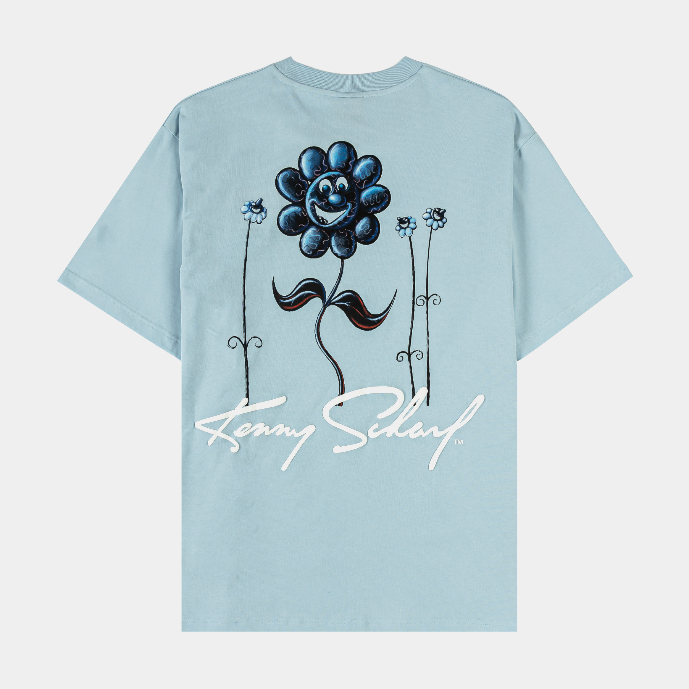 Light blue t-shirt with a red heart design on the chest.