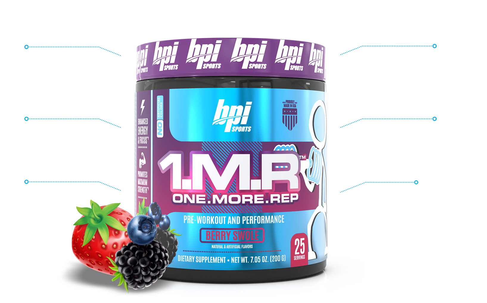 Bottle of 1.M.R.™ Berry Swole with a strawberry, blackberry, and blueberry. List of ingredients next to it: Glycerol, Caffeine Anhydrous, Mucuna Pruriens, Theobromine, Teacrine, and Dynamine