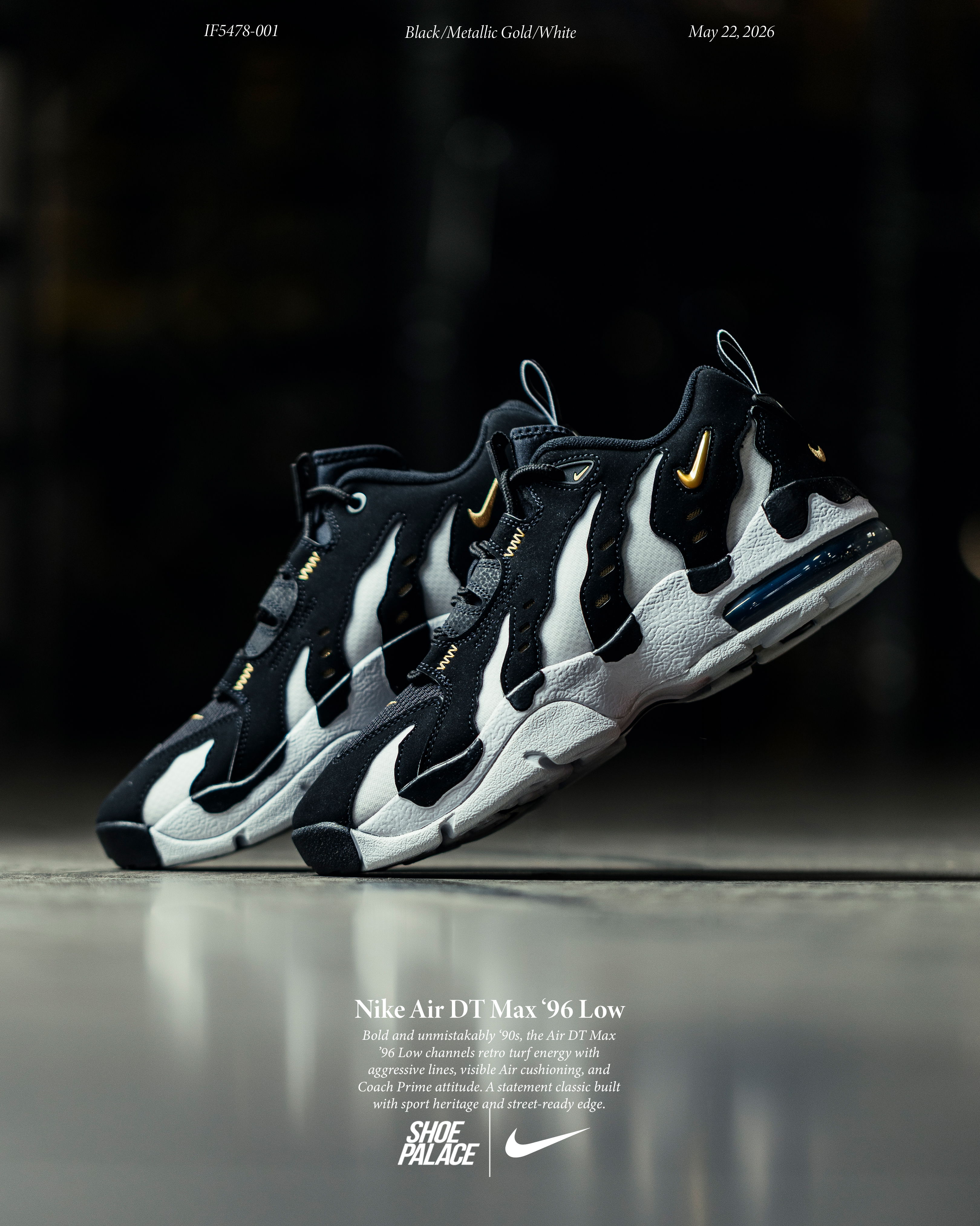 Nike sneakers displayed with a dramatic shadow on a reflective surface.