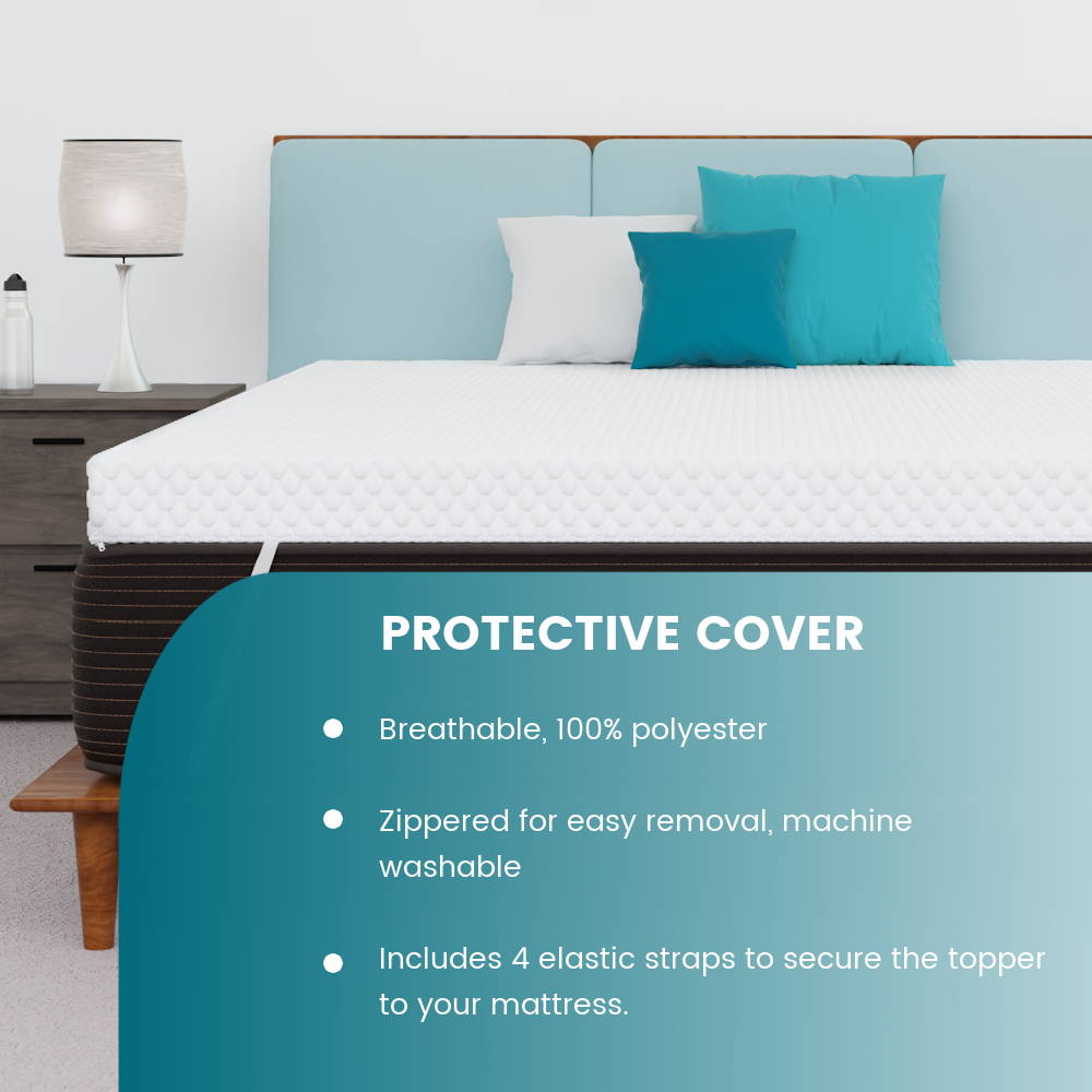Protective mattress topper cover is made from breathable, softly quilted polyester, is zippered for easy removal and machine washable, and includes 4 elastic straps to secure the topper to your mattress.