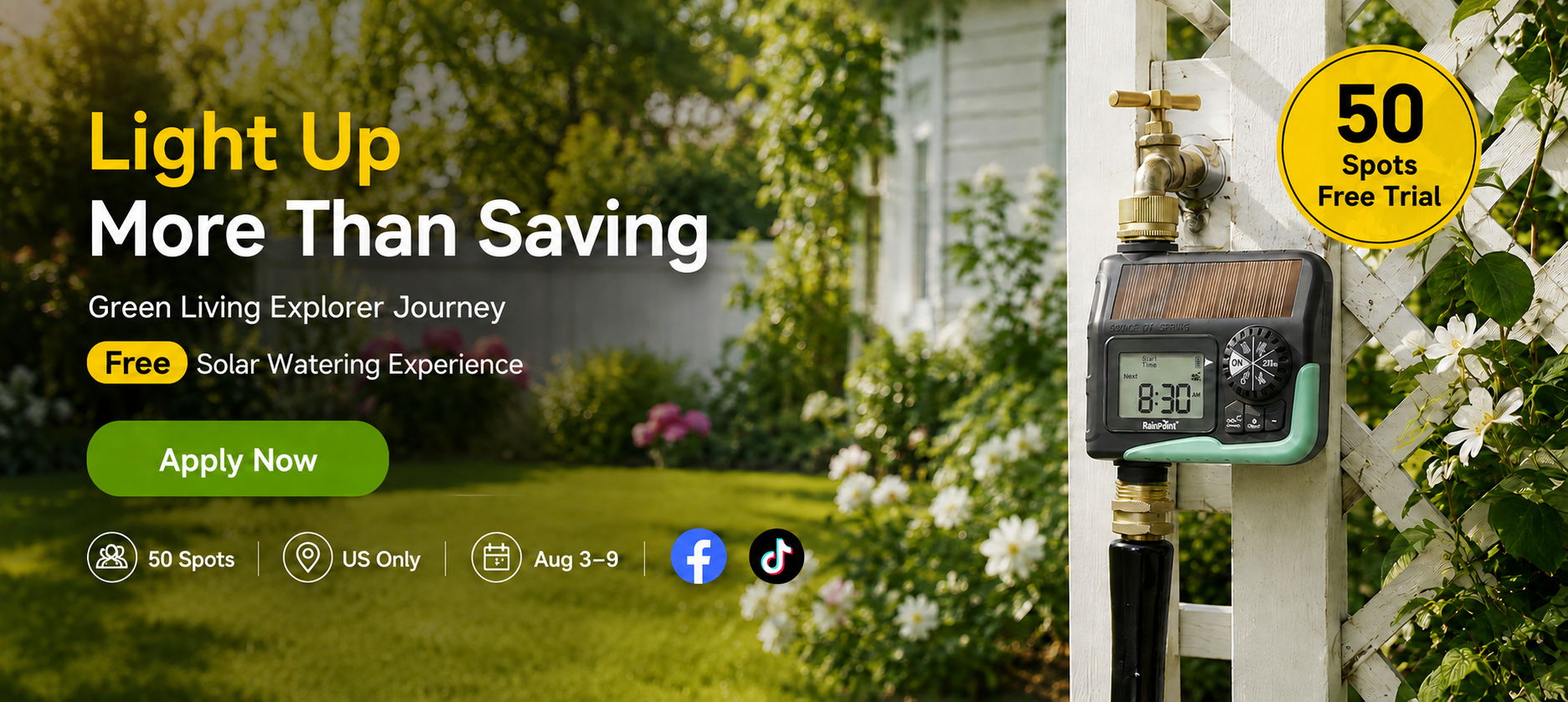 Promotional image for outdoor lighting services with a timer and lush greenery.