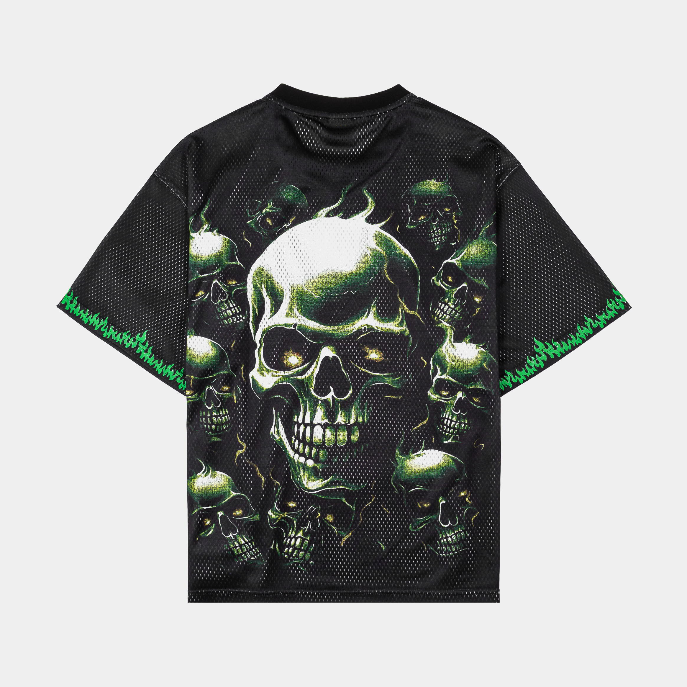 Black t-shirt featuring a skull design and green accents.