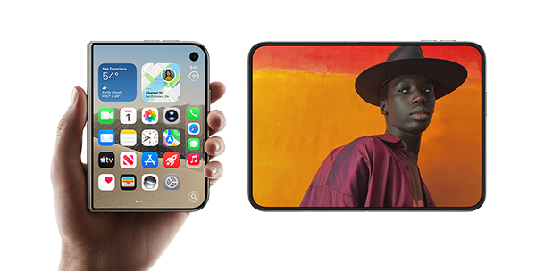 A hand holding a smartphone beside a tablet displaying a portrait.