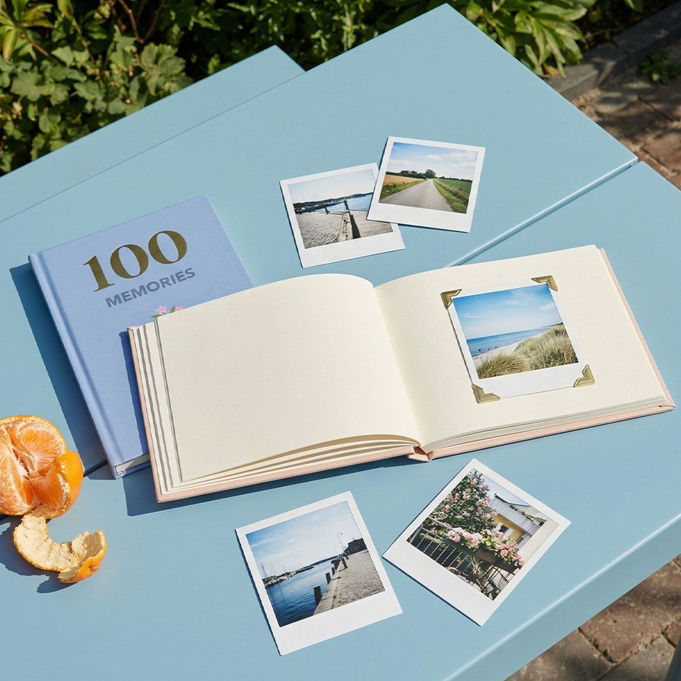 A photo album with polaroids on a blue table outdoors.