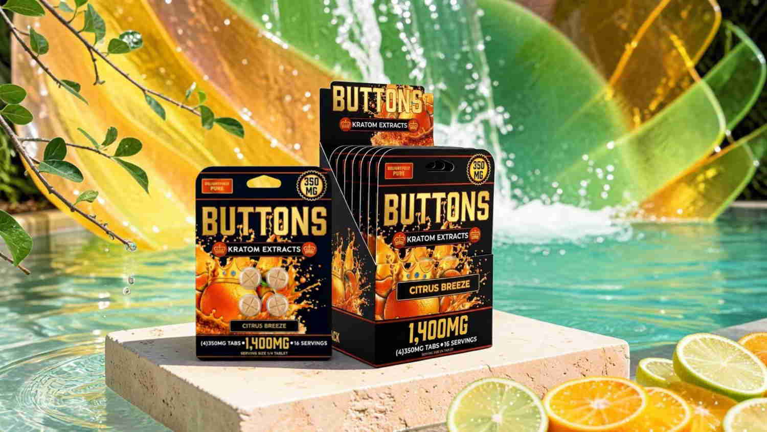Three packages of Buttons candy by a pool with fruit slices.