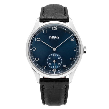 A silver watch with a blue dial and black leather strap.