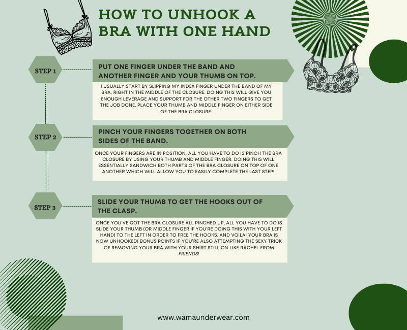 Infographics on how to unhook a bra with one hand