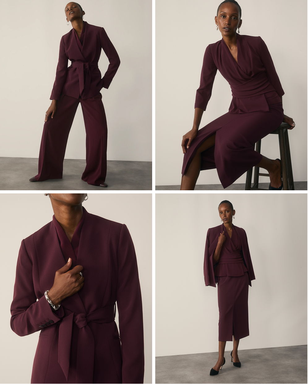 Model wearing plum suiting
