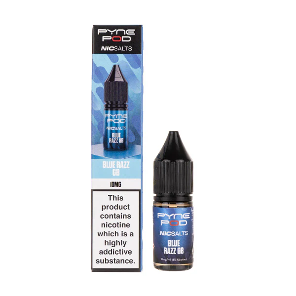 Bottle of vape juice with packaging, warning about nicotine content.