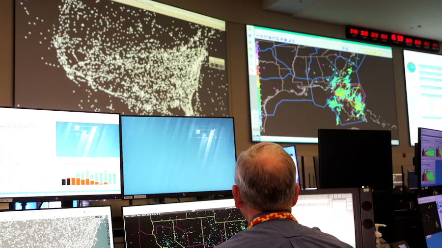 Person monitoring multiple screens displaying data and maps in a control room.