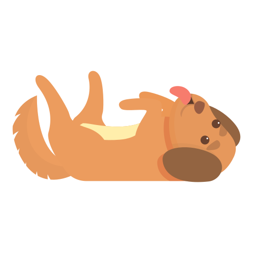 An animated art of a brown dog laying on its back