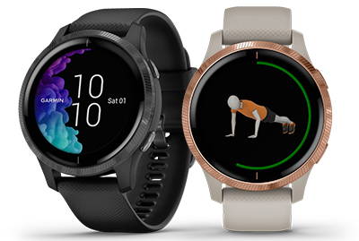 The Black/Slate and Light Sand/Rose Gold Garmin Venu fitness smartwatches