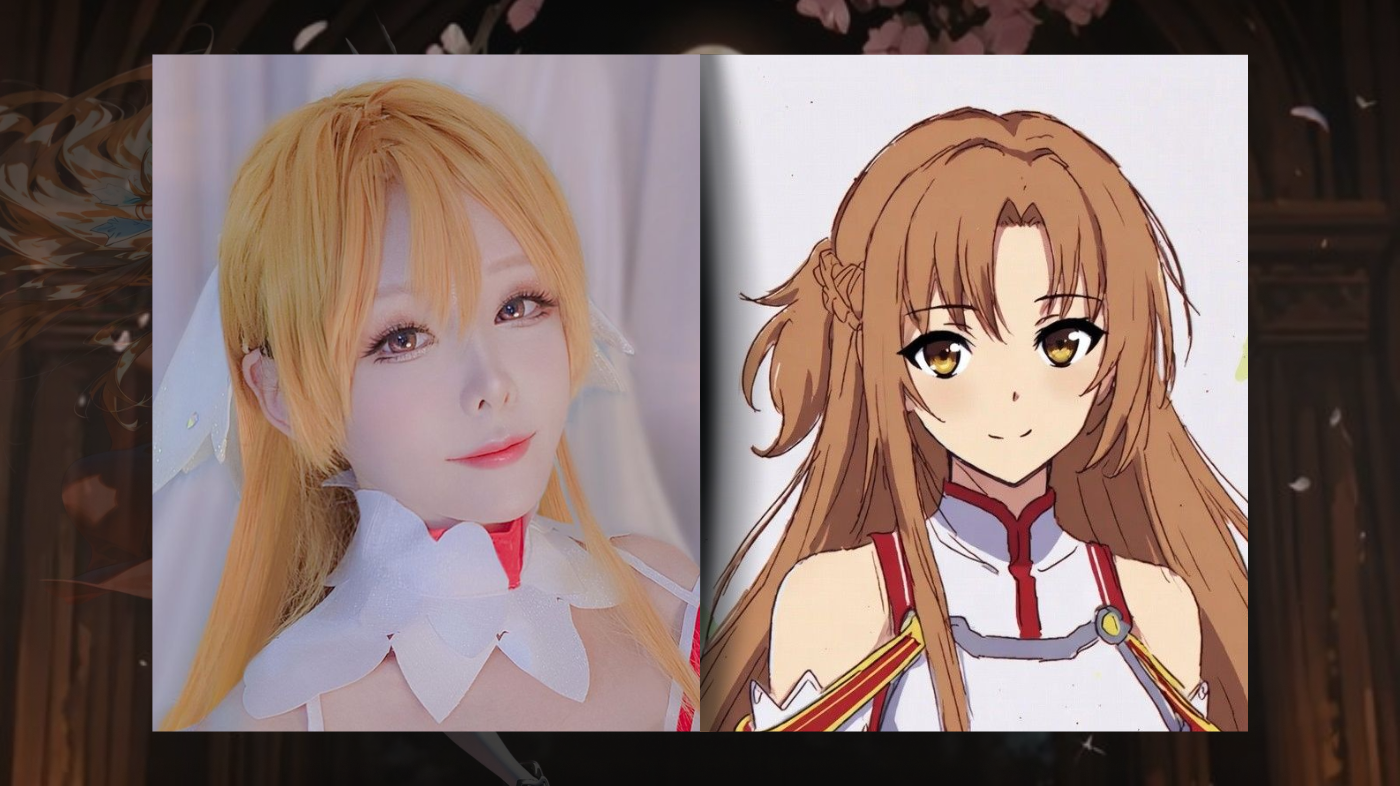 Asuna Yuuki cosplay model beside anime illustration of Sword Art Online character, showcasing detailed Knights of the Blood Oath costume with matching wig, makeup, and sword-inspired styling.