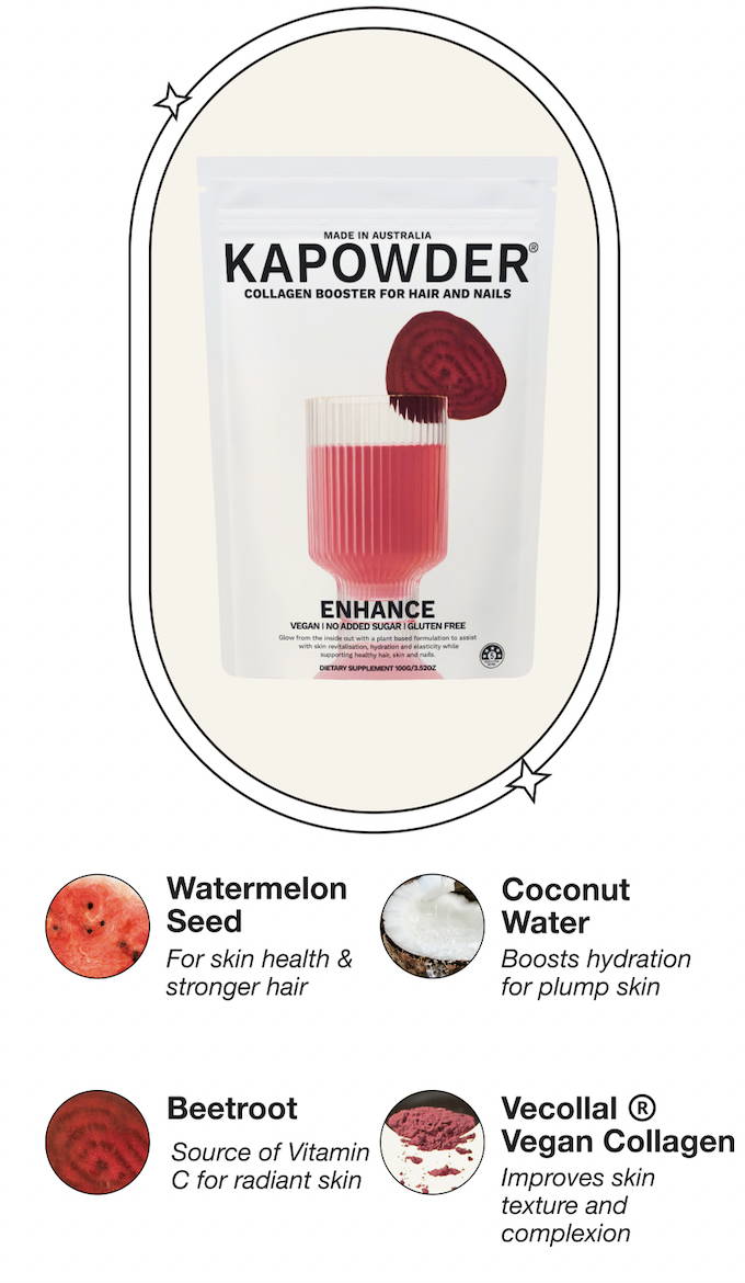 Hero ingredients: watermelon seed (for skin health & stronger hair); beetroot (source of vitamin C for radiant skin); coconut water (boosts hydration for plump skin); Vecollal ® Vegan Collagen (improves skin texture and complexion).