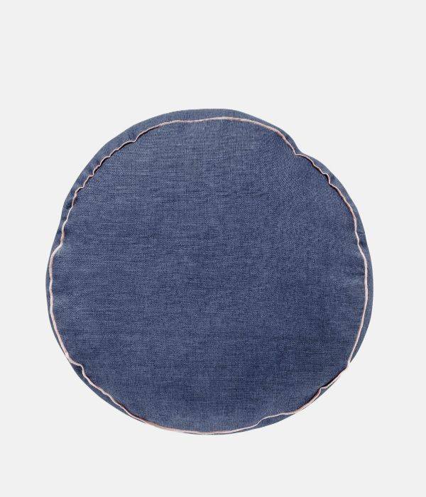 An image of The Campbell Collection Mukesh Round Linen Cushion in Vintage Indigo.