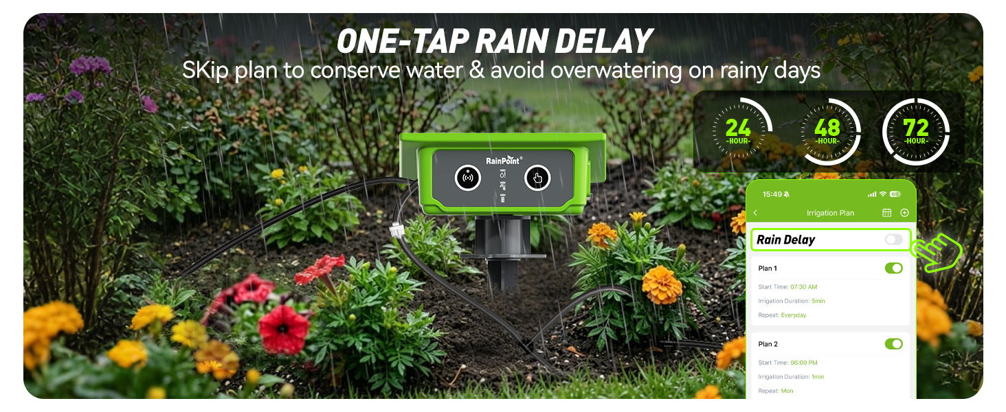 One-tap rain delay feature with flowers and garden background.