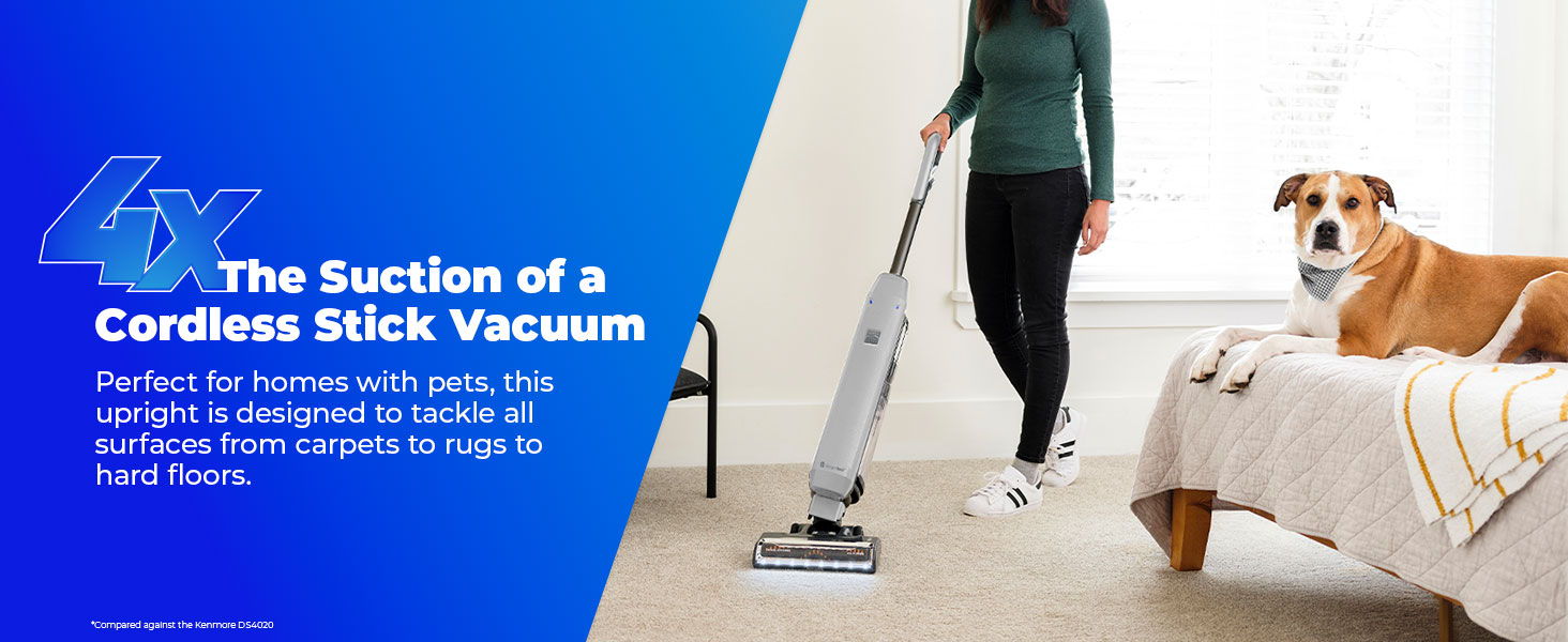 A person vacuuming carpet in a bedroom next to a dog on a bed. Text about 4x the suction of a cordless stick vacuum.