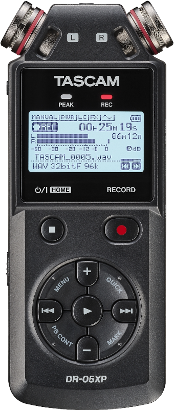 Portable audio recorder with display and control buttons. TASCAM DR-05XP model.