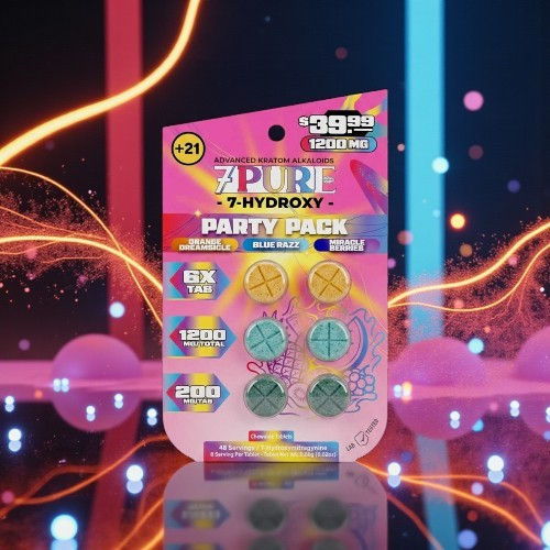 Colorful package of 7-PURE 2-HYDROXY PARTY PACK dietary supplements on a vibrant background.