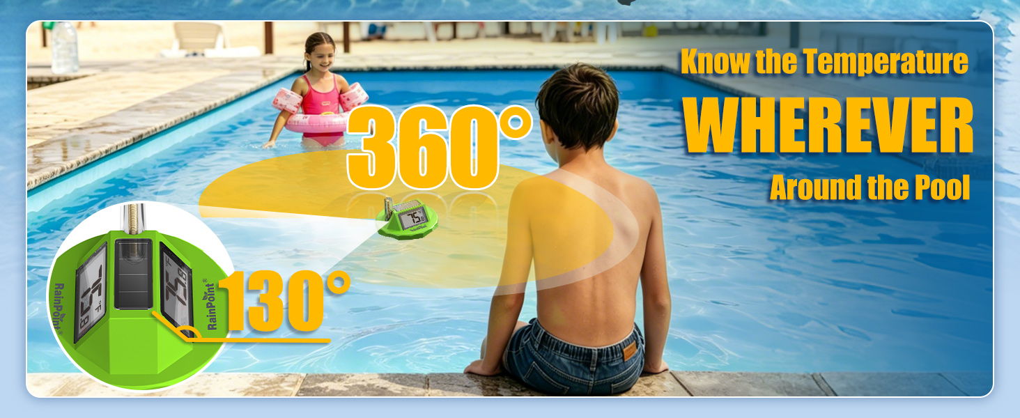 Child by a pool with text about temperature control features.