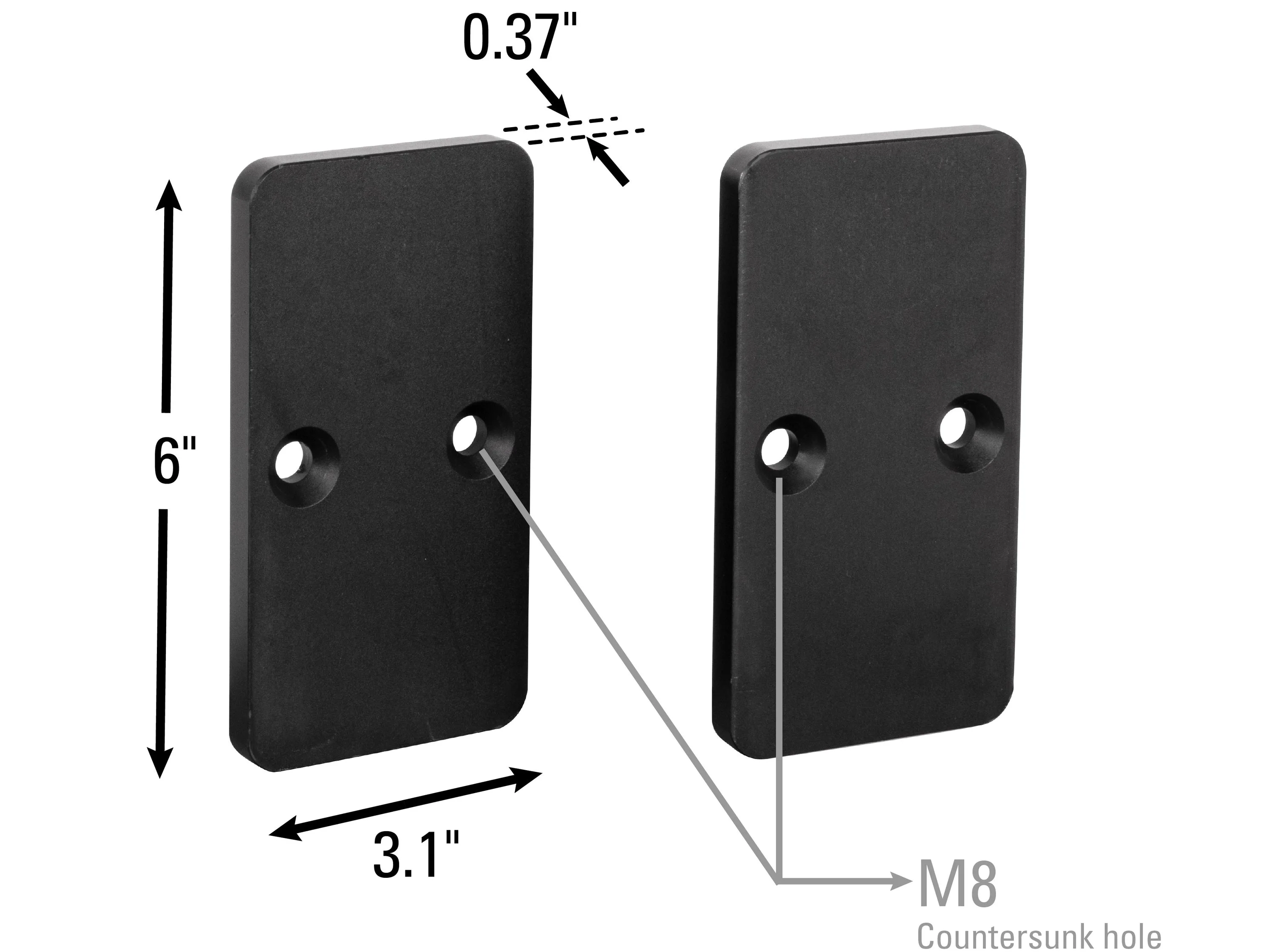 Two black rectangular plates with measurements and holes for mounting.