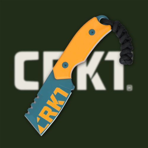 A colorful knife with a serrated edge and a logo background.