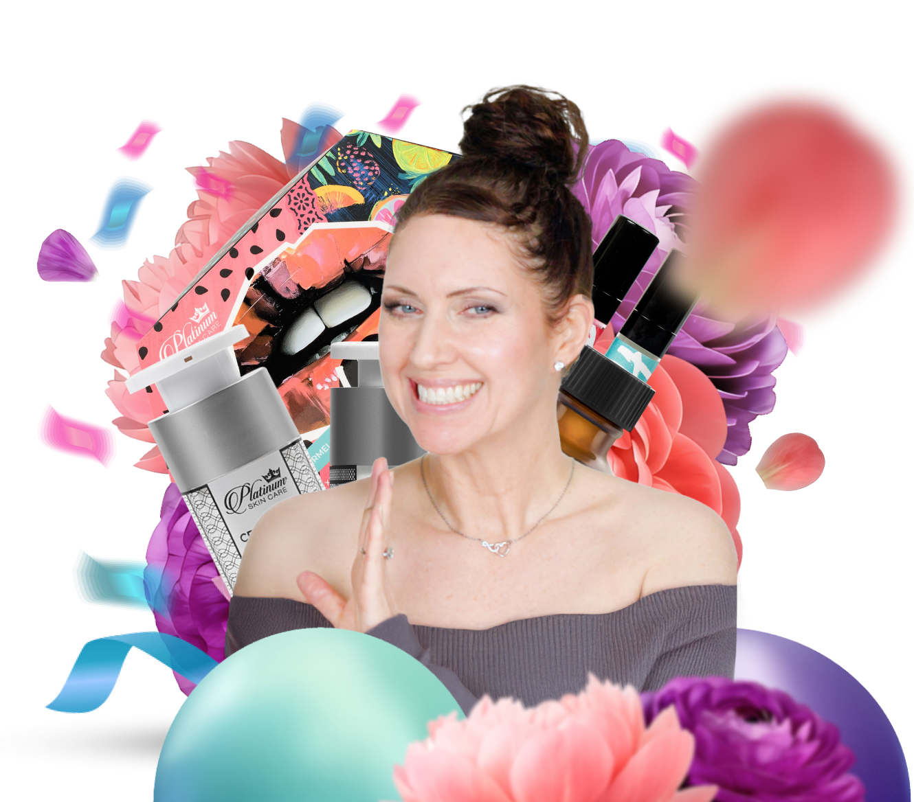 Woman smiling among beauty products and colorful floral elements.