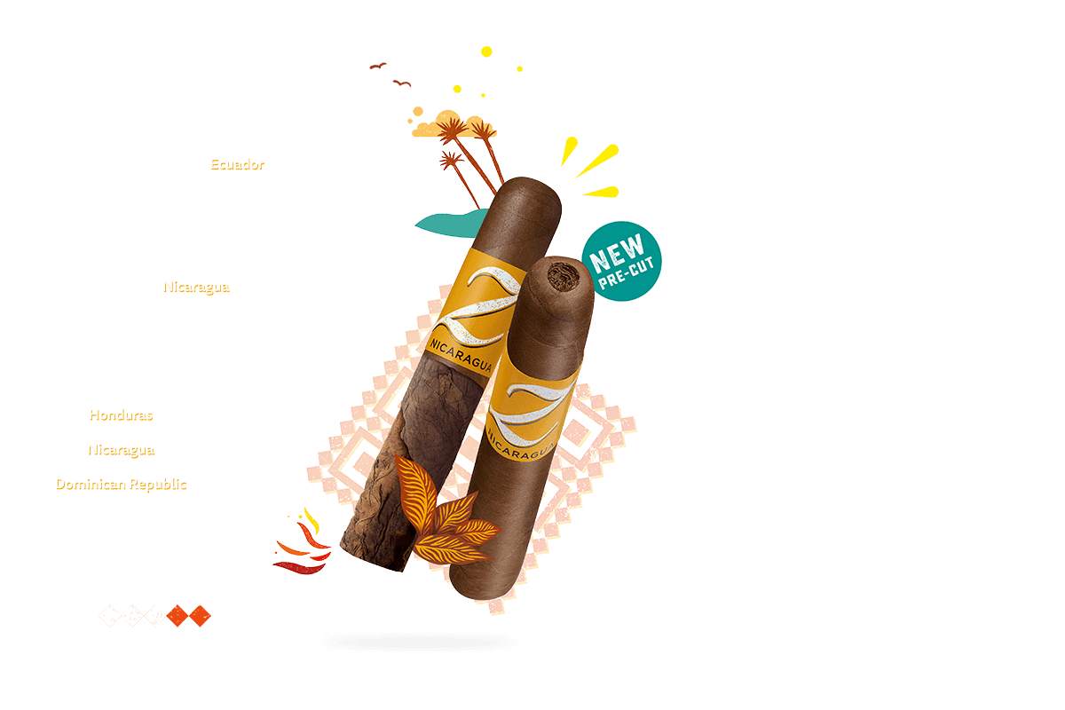 Taste banner of the pre-cut Zino Nicaragua Half Corona cigar with details about the tobacco blend, the main aromas, the enjoyment time and the intensity.