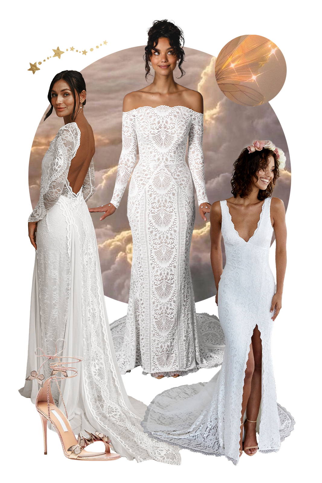 Air inspired collage with lace wedding dresses