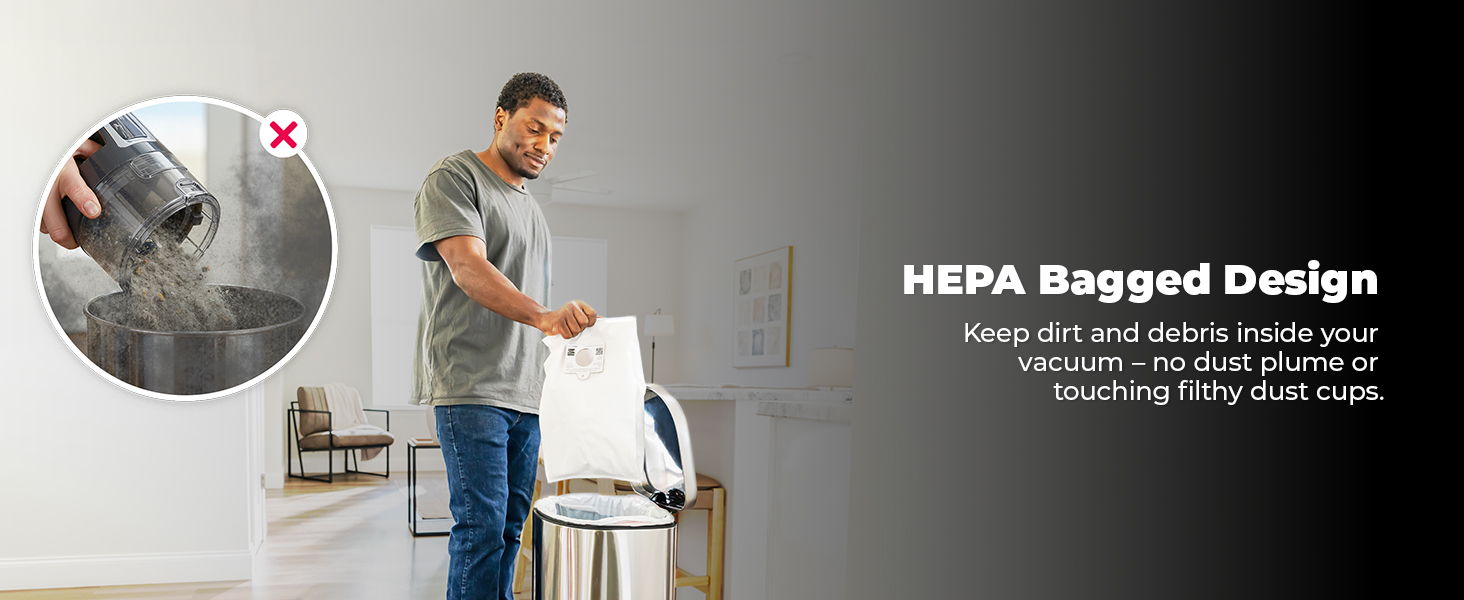 Person using a vacuum with HEPA bagged design for cleaner air.
