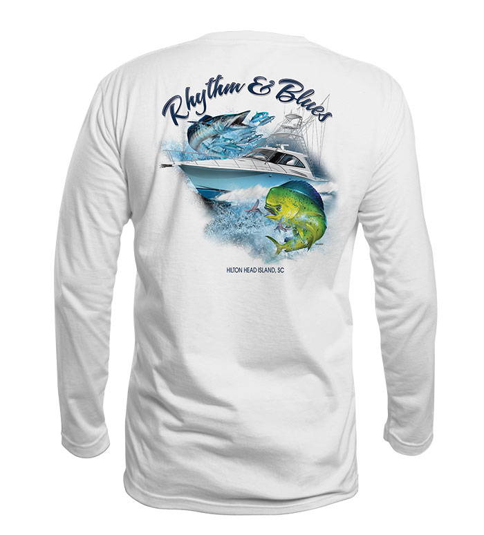 Briny Custom Fishing Shirts with company logo fish and boat graphics - cotton long sleeve fishing shirts