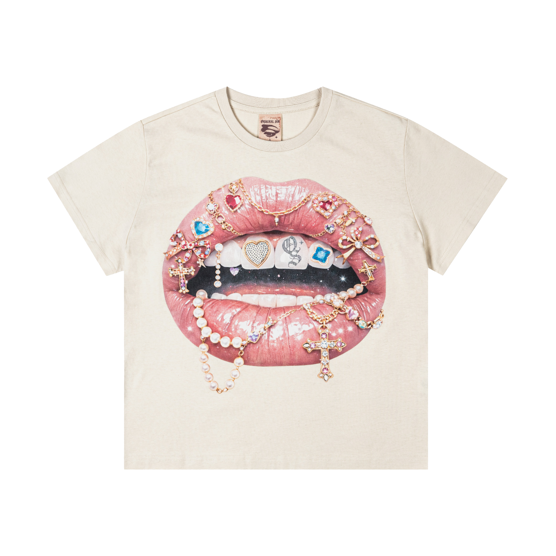 Graphic t-shirt featuring a decorated pair of lips with jewelry.