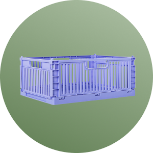Purple plastic storage crate on a circular green background.